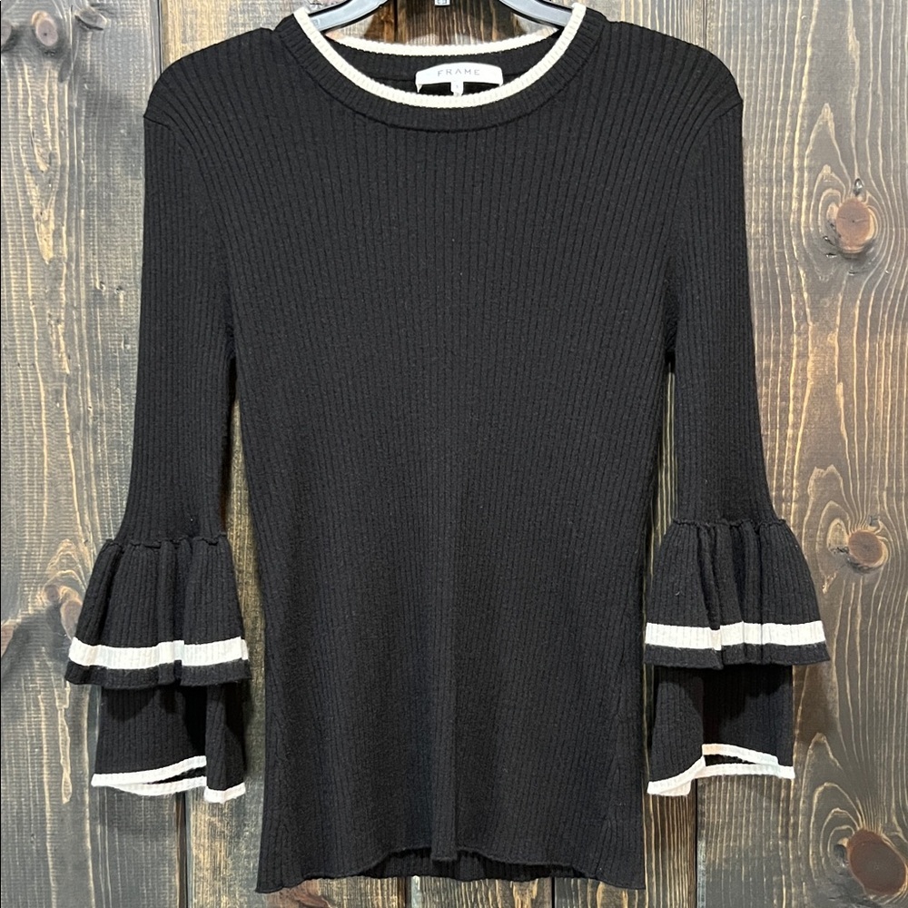 FRAME Denim Ruffle Sweter Size‎ S Black White Wool Blend Boho Dark Academia